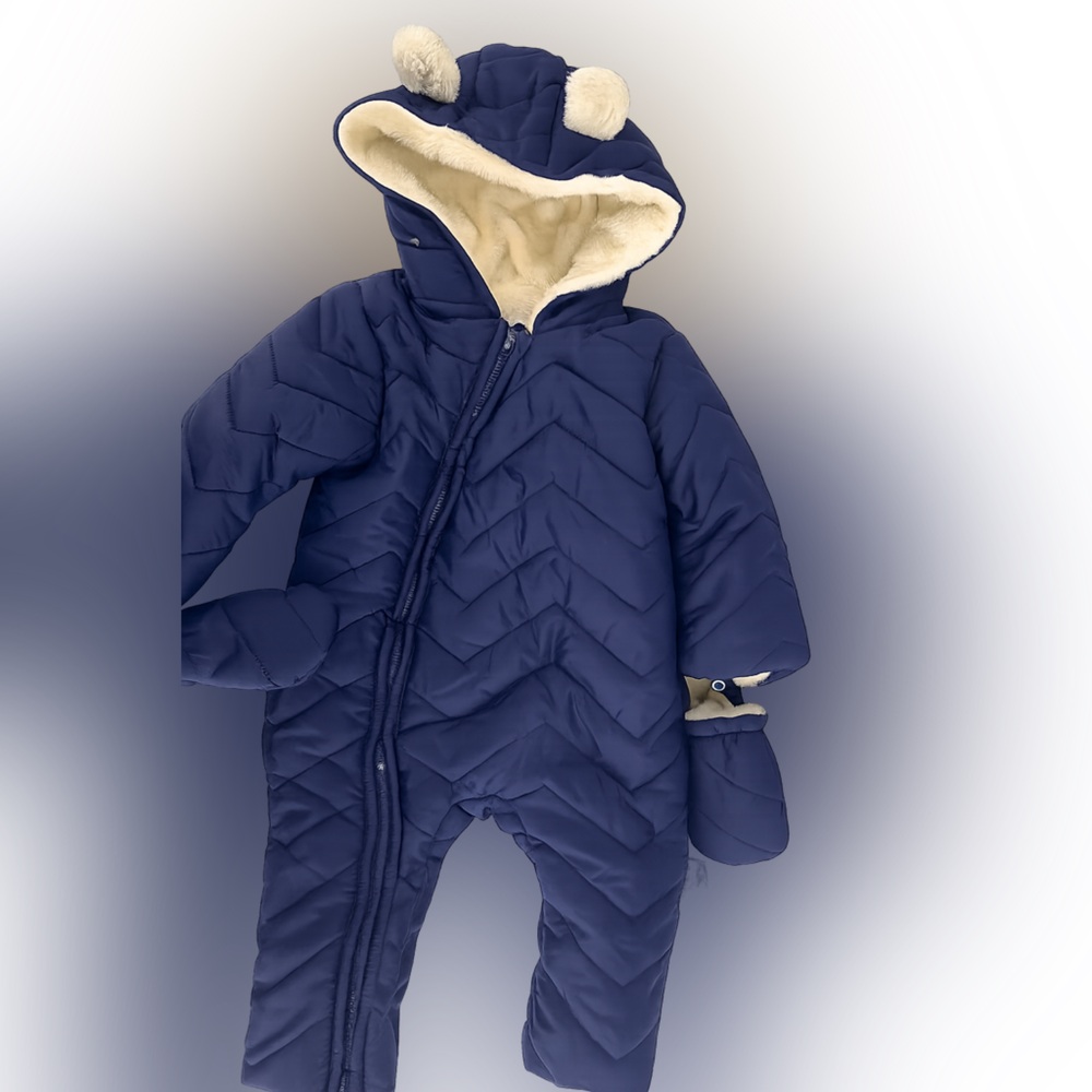 Baby‎ Snowsuit 12-18 Months Blue Hooded Puffer Fleece Lined Winter Bunting